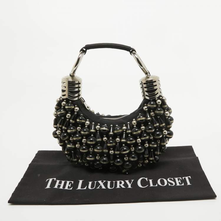Pre Owned Chloe Black Canvas Beaded Bracelet Hobo 