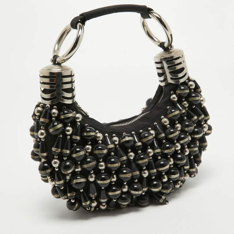 Pre Owned Chloe Black Canvas Beaded Bracelet Hobo 