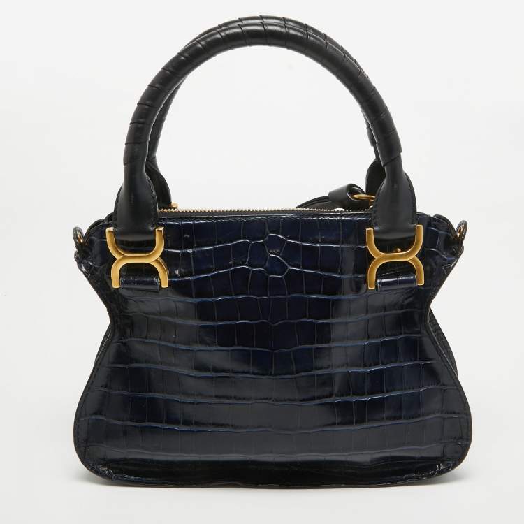 Pre Owned Chloe Navy Blue Croc Embossed Leather Marcie Hobo