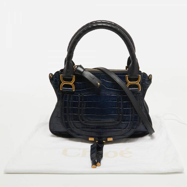 Pre Owned Chloe Navy Blue Croc Embossed Leather Marcie Hobo