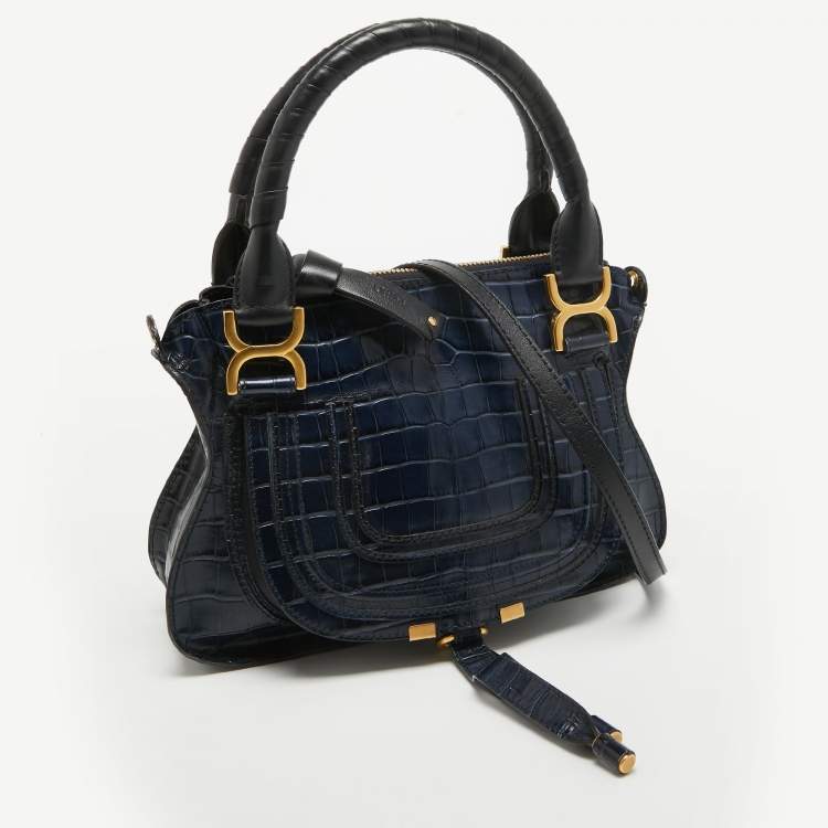 Pre Owned Chloe Navy Blue Croc Embossed Leather Marcie Hobo