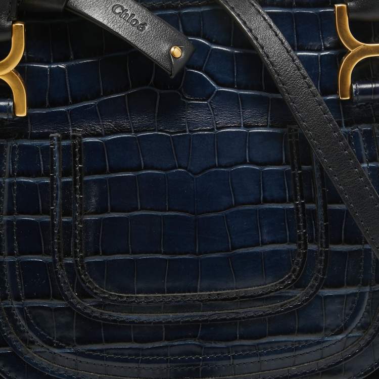 Pre Owned Chloe Navy Blue Croc Embossed Leather Marcie Hobo