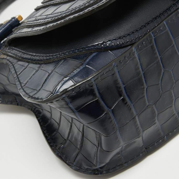 Pre Owned Chloe Navy Blue Croc Embossed Leather Marcie Hobo