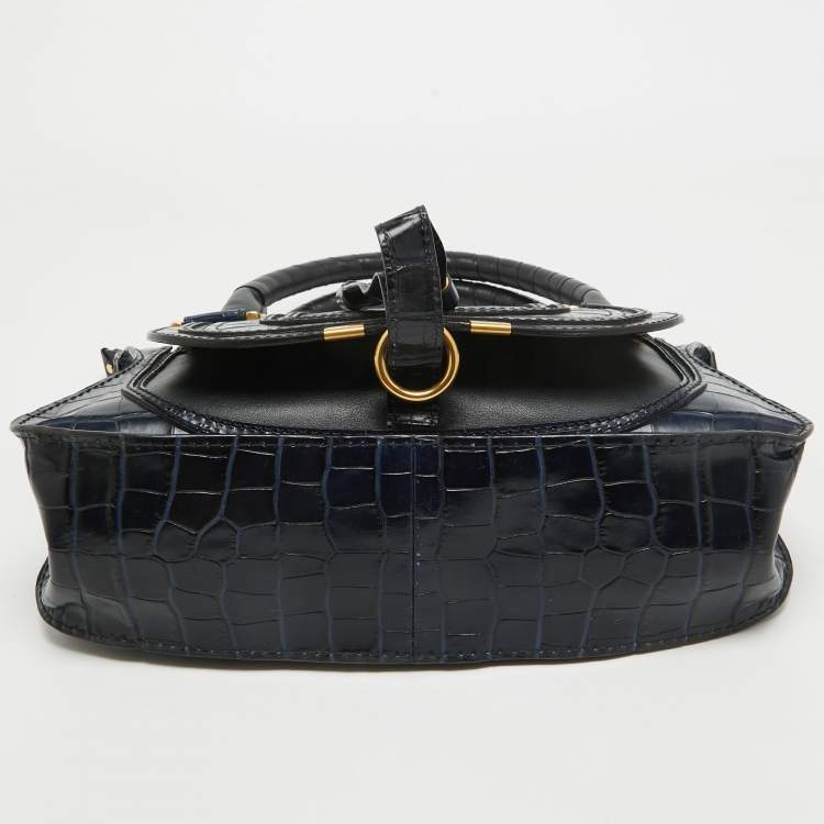 Pre Owned Chloe Navy Blue Croc Embossed Leather Marcie Hobo