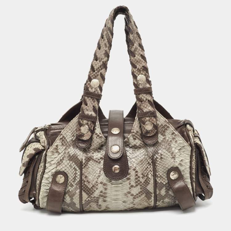Pre Owned Chloe Dark Brown/Grey Python and Leather Silverado Satchel