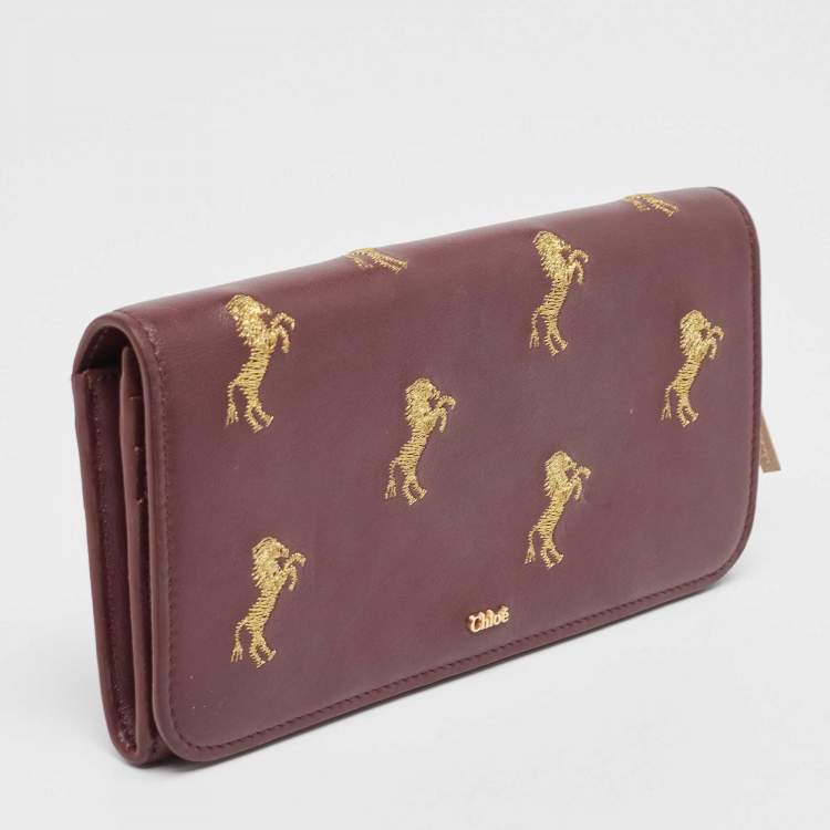 Pre Owned Chloe Burgundy Leather Horse Embroidered Flap Continental Wallet