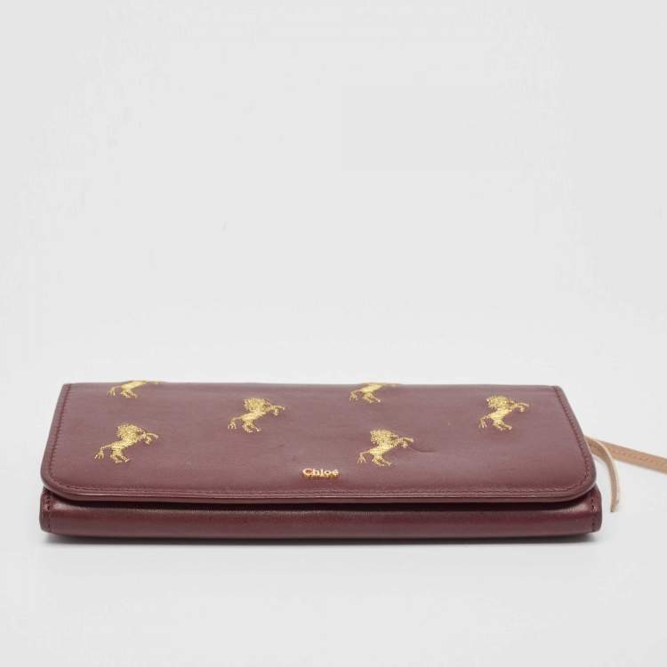 Pre Owned Chloe Burgundy Leather Horse Embroidered Flap Continental Wallet