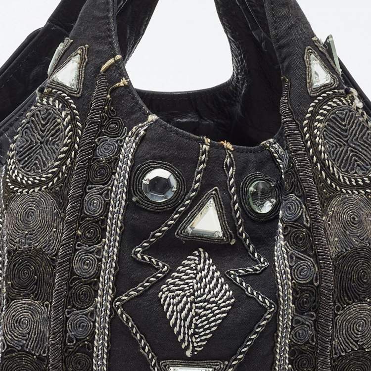 Pre Owned Chloe Black Leather Embellished Ring Handle Hobo