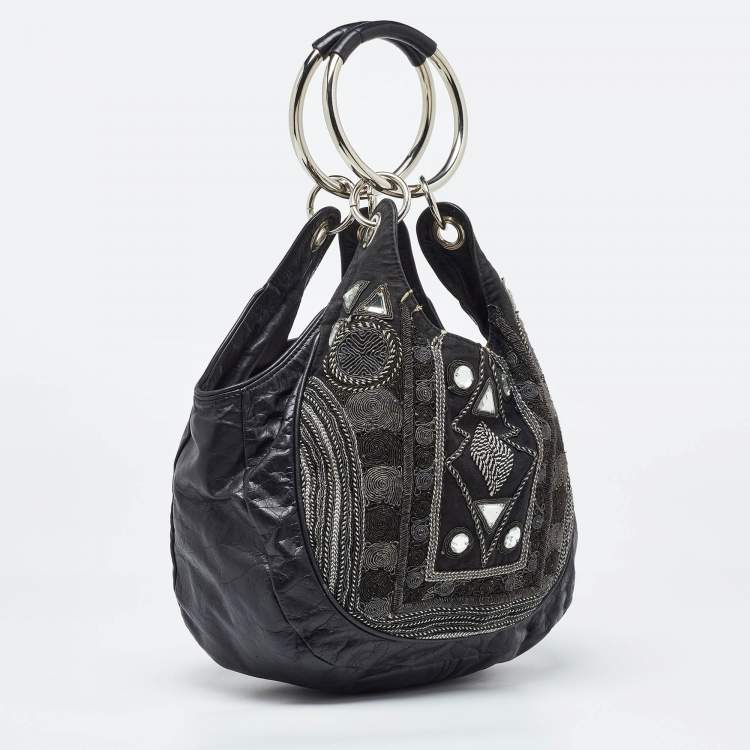 Pre Owned Chloe Black Leather Embellished Ring Handle Hobo