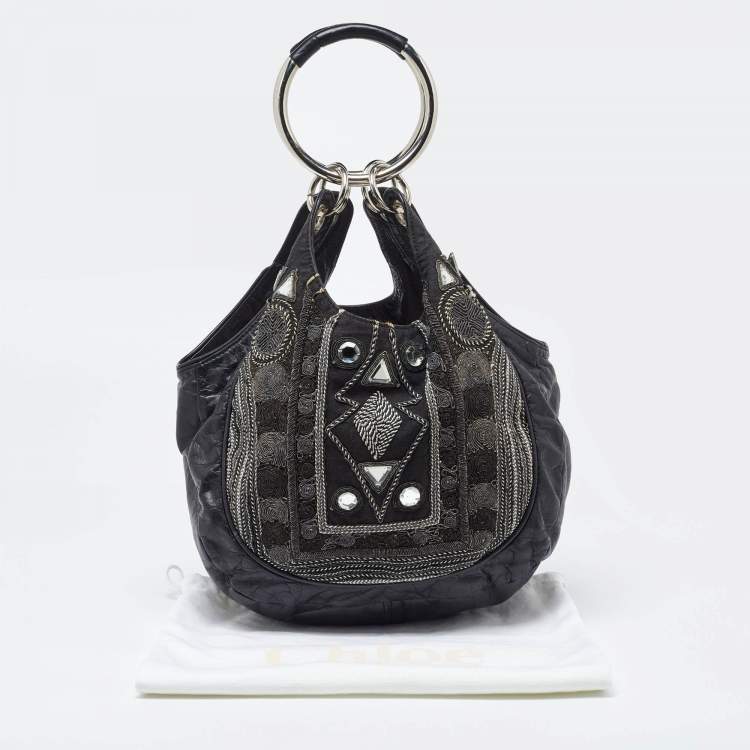 Pre Owned Chloe Black Leather Embellished Ring Handle Hobo