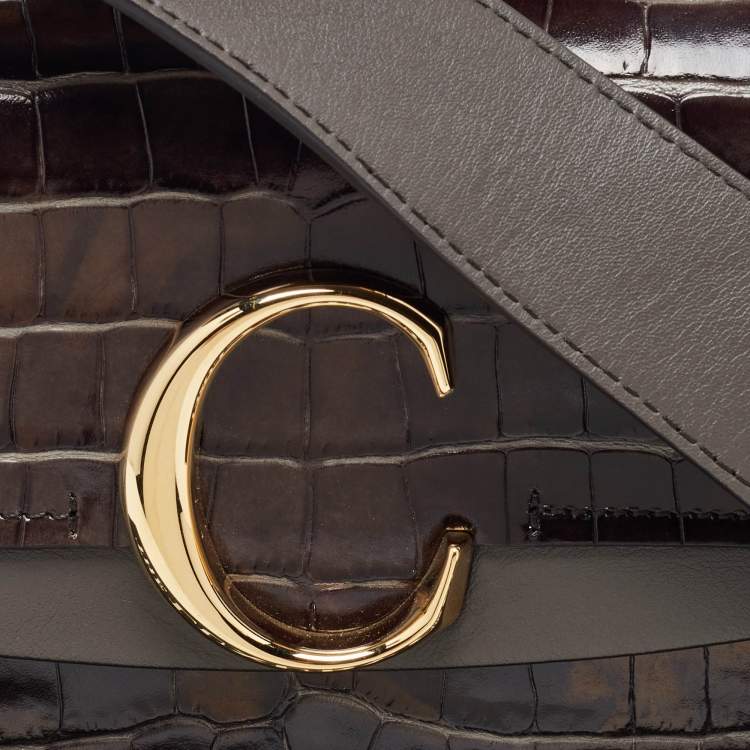 Pre Owned Chloe Tri Color Croc Embossed Leather C Top Handle Bag