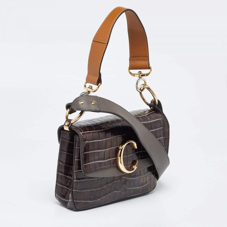 Pre Owned Chloe Tri Color Croc Embossed Leather C Top Handle Bag