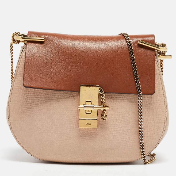 Pre Owned Chloe Brown/Light Beige Grain Leather Medium Drew Shoulder Bag