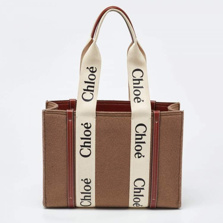 مملوكة مسبقًا Chloe Brown/Beige Wool and Leather Medium Woody Tote