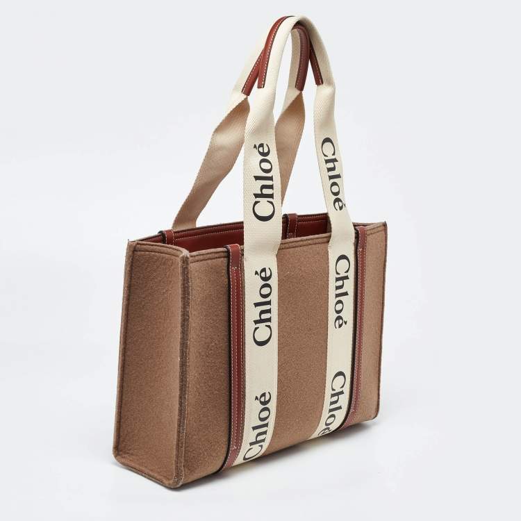 مملوكة مسبقًا Chloe Brown/Beige Wool and Leather Medium Woody Tote