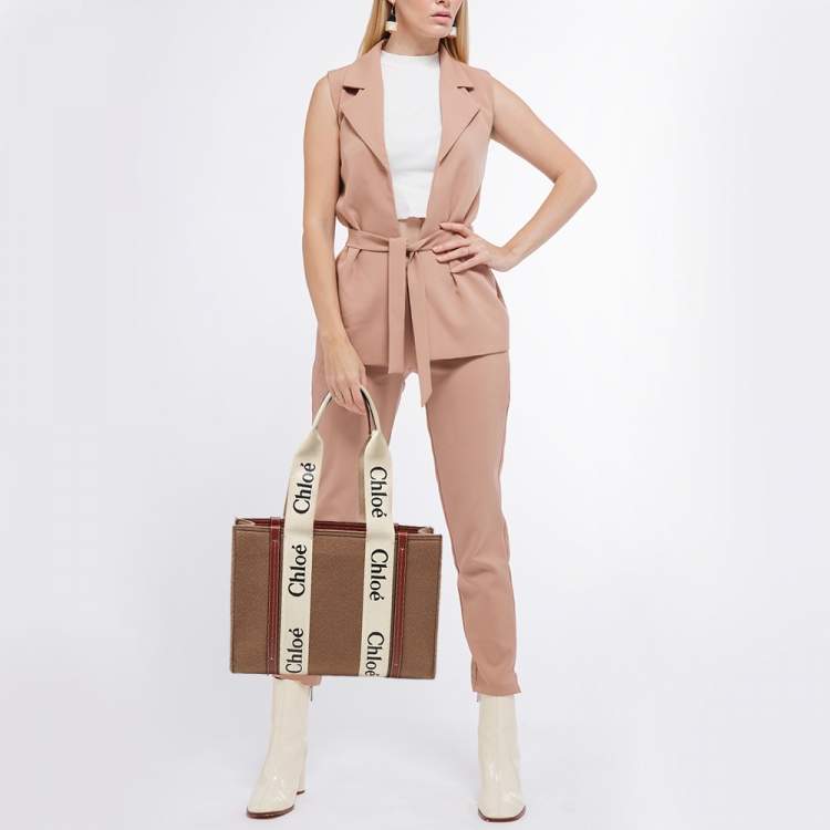 مملوكة مسبقًا Chloe Brown/Beige Wool and Leather Medium Woody Tote