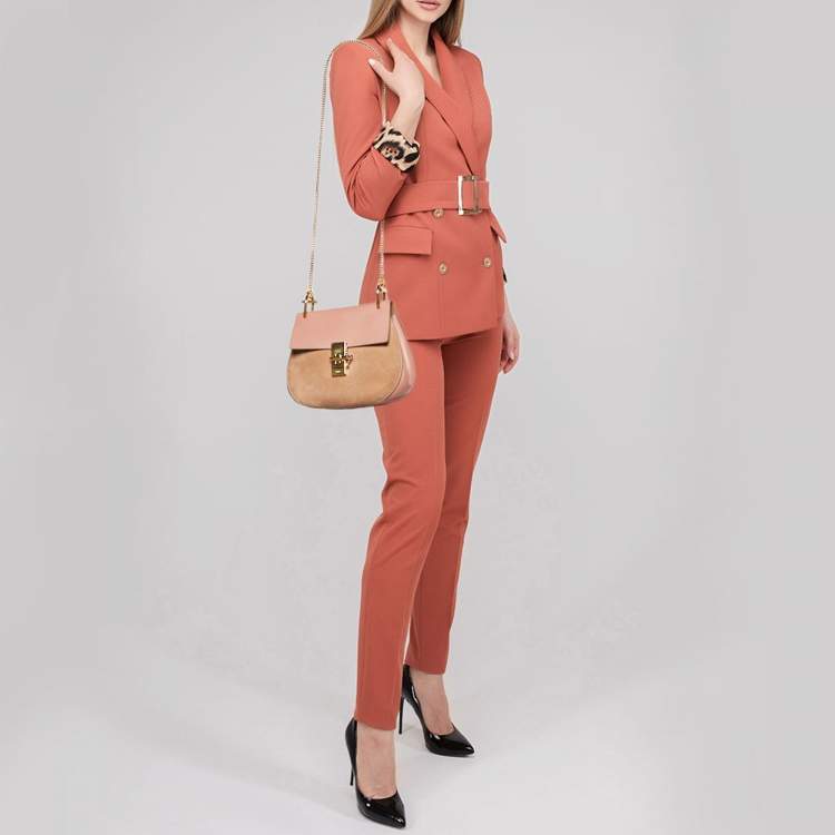 Pre Owned Chloe Two Tone Peach Leather and Suede Medium Drew Shoulder Bag