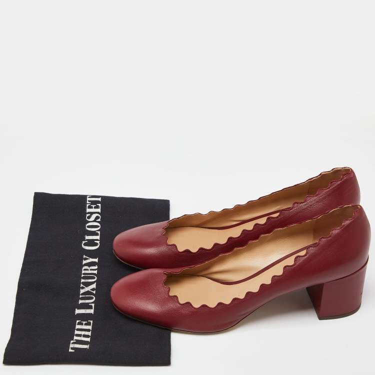 Pre Owned  Chloe Burgundy Leather Lauren Scallop Trim Block Heel Pumps Size 38.5