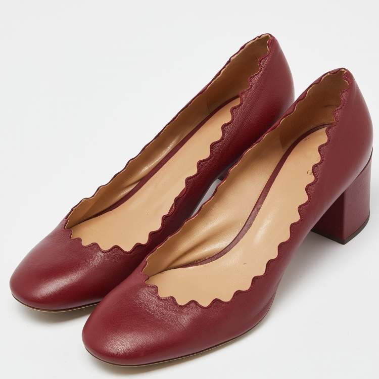 Pre Owned  Chloe Burgundy Leather Lauren Scallop Trim Block Heel Pumps Size 38.5