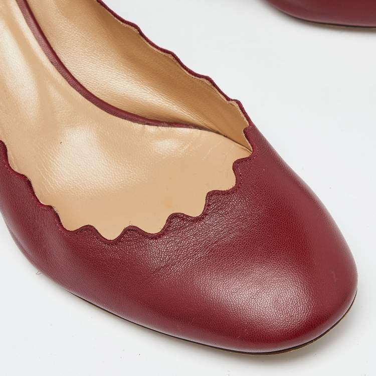 Pre Owned  Chloe Burgundy Leather Lauren Scallop Trim Block Heel Pumps Size 38.5