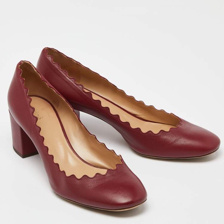 Pre Owned  Chloe Burgundy Leather Lauren Scallop Trim Block Heel Pumps Size 38.5