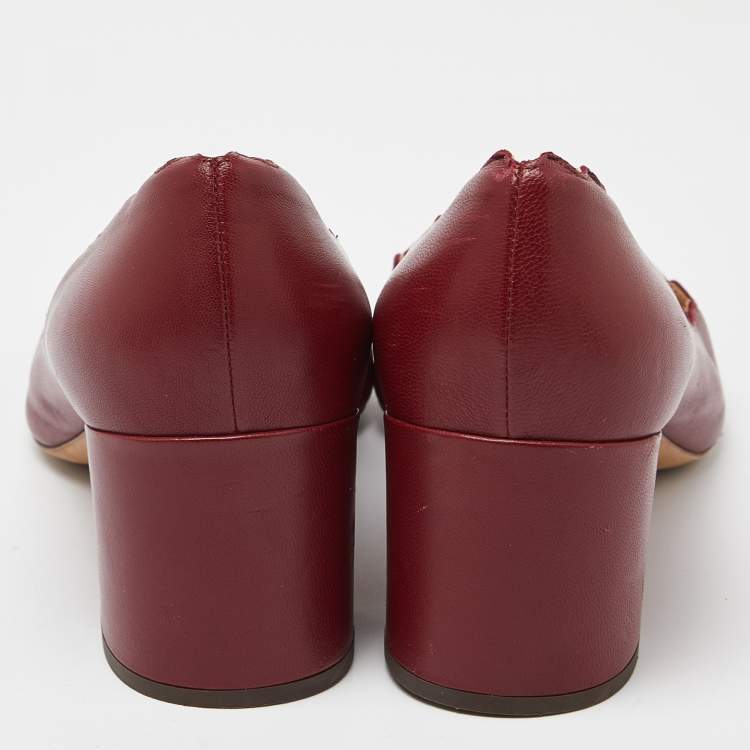 Pre Owned  Chloe Burgundy Leather Lauren Scallop Trim Block Heel Pumps Size 38.5