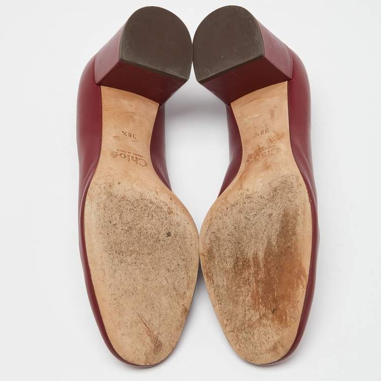 Pre Owned  Chloe Burgundy Leather Lauren Scallop Trim Block Heel Pumps Size 38.5