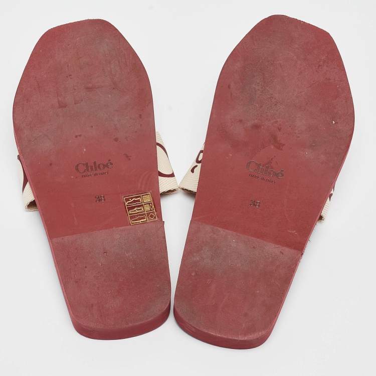 Pre Owned Chloe White Canvas Woody Flat Slide Size 38