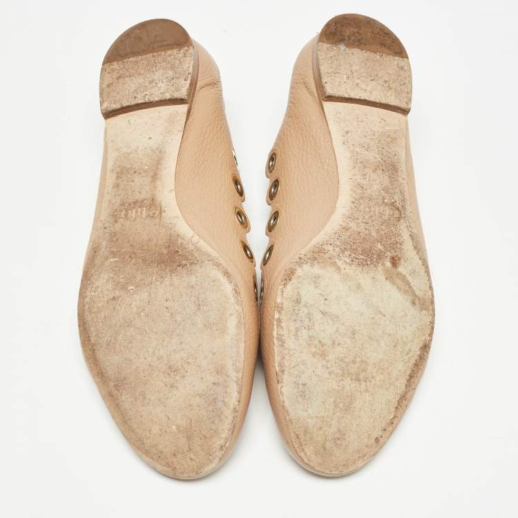 Pre Owned Chloe Beige Scalloped Leather Eyelet Detail Ballet Flats Size 37.5