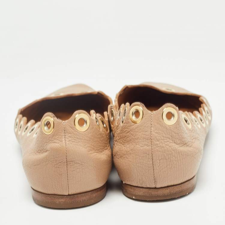 Pre Owned Chloe Beige Scalloped Leather Eyelet Detail Ballet Flats Size 37.5