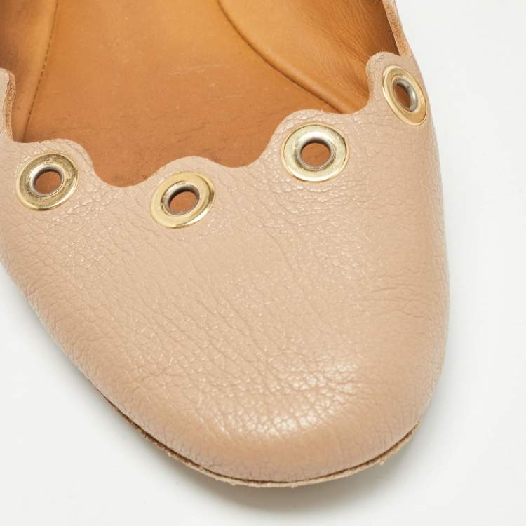Pre Owned Chloe Beige Scalloped Leather Eyelet Detail Ballet Flats Size 37.5
