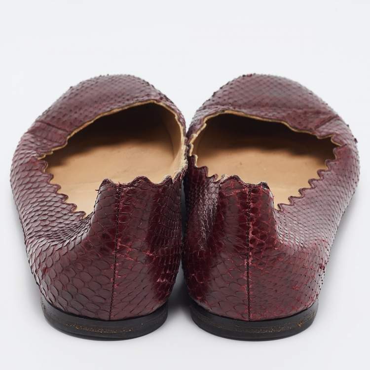 Pre Owned Chloe Burgundy Python Leather Lauren Scallop Ballet Flats Size 38