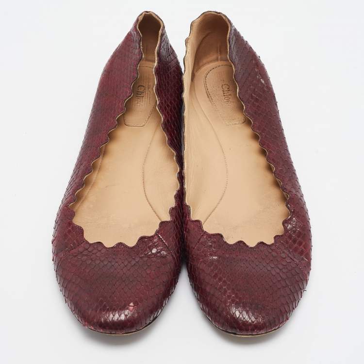 Pre Owned Chloe Burgundy Python Leather Lauren Scallop Ballet Flats Size 38