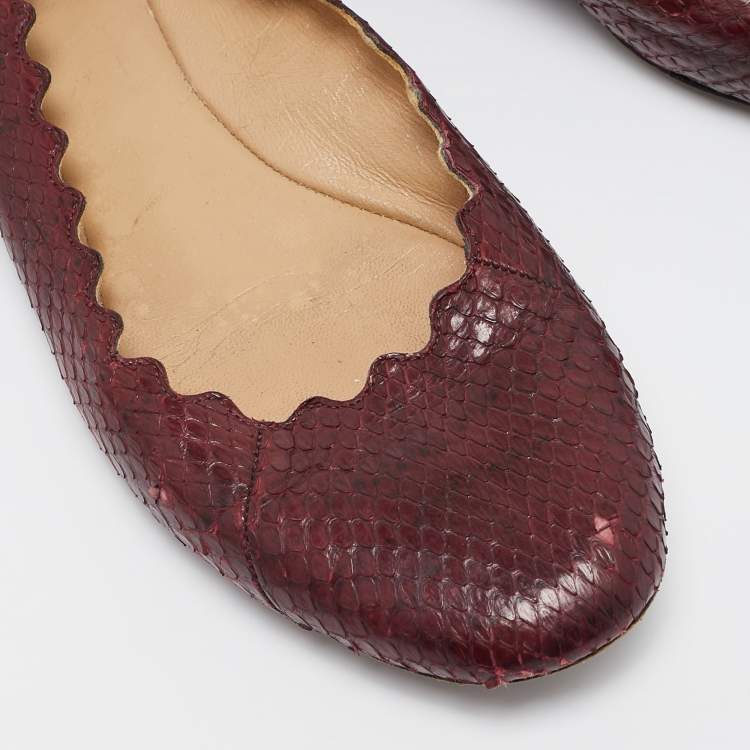 Pre Owned Chloe Burgundy Python Leather Lauren Scallop Ballet Flats Size 38