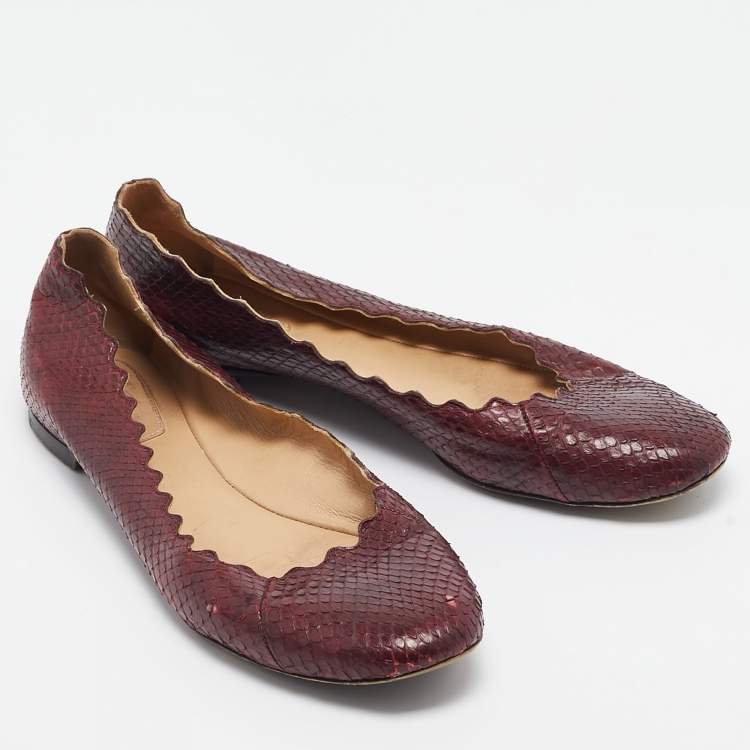 Pre Owned Chloe Burgundy Python Leather Lauren Scallop Ballet Flats Size 38