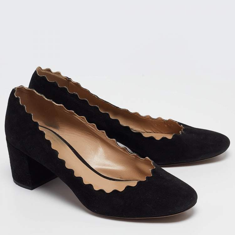 Pre Owned Chloe Black Suede Lauren Scallop Trim Block Heel Pumps Size 37