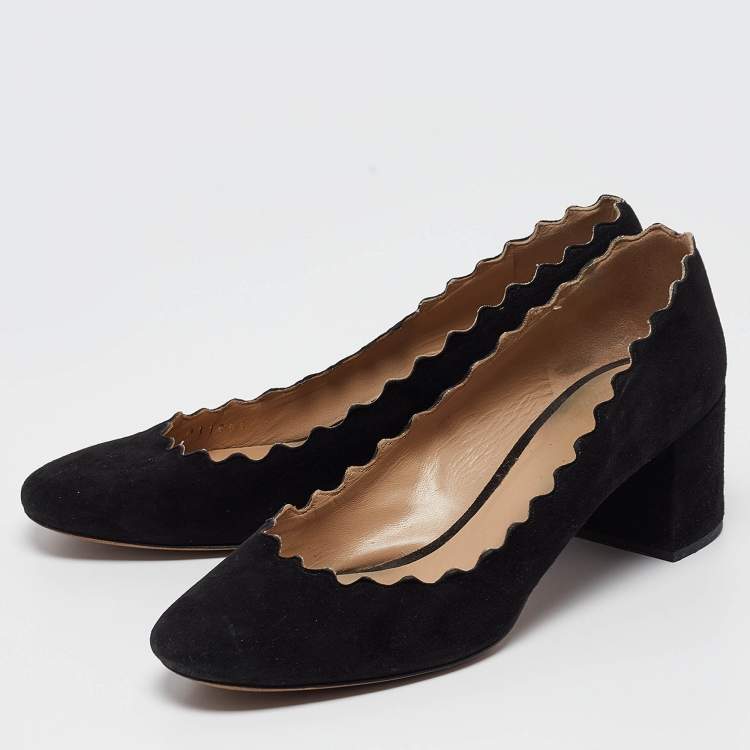 Pre Owned Chloe Black Suede Lauren Scallop Trim Block Heel Pumps Size 37