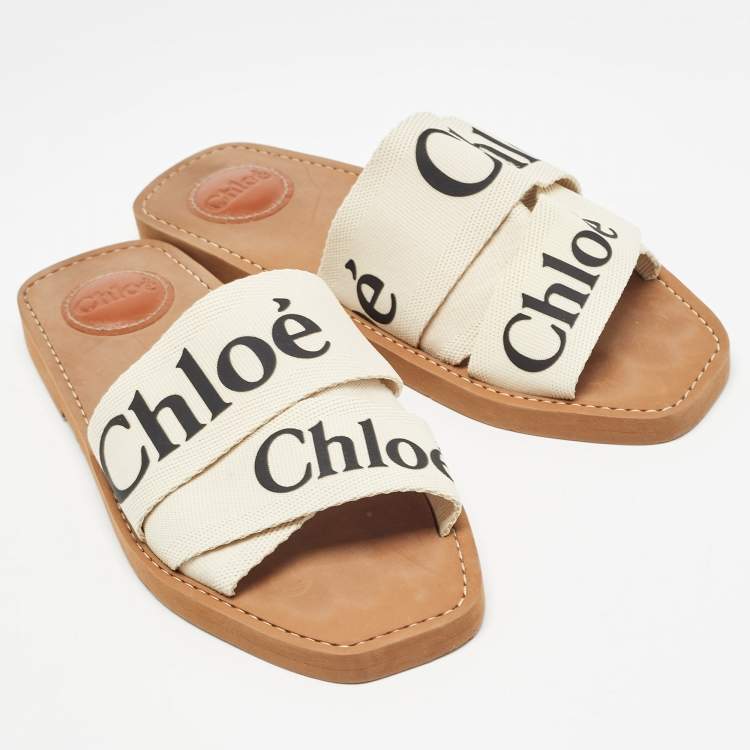 Pre Owned Chloe Cream Logo Canvas Woody Flat Slides Size 38