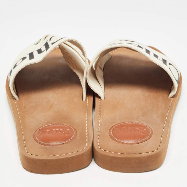 Pre Owned Chloe Cream Logo Canvas Woody Flat Slides Size 38