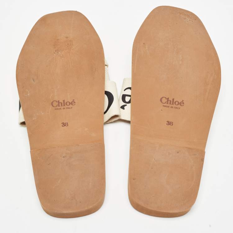 Pre Owned Chloe Cream Logo Canvas Woody Flat Slides Size 38