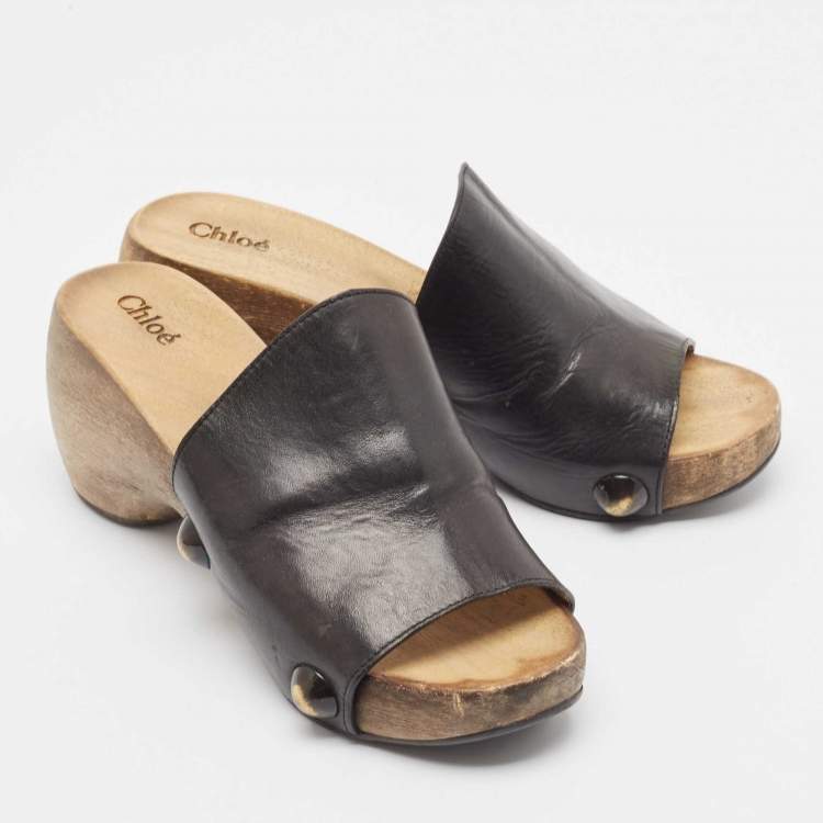Pre Owned Chloe Black Leather Peep Toe Clogs Size 37