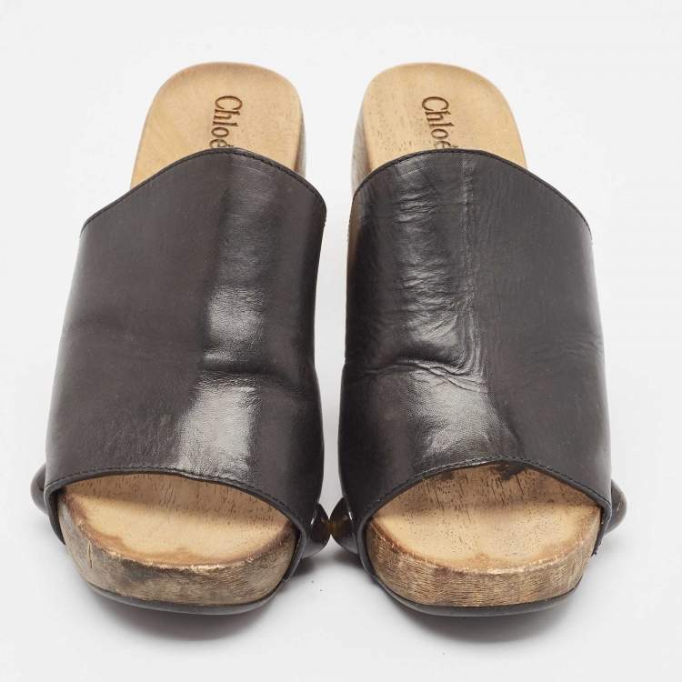 Pre Owned Chloe Black Leather Peep Toe Clogs Size 37