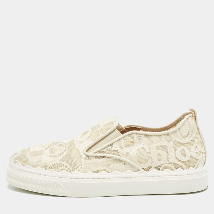 Pre Owned Chloe White Floral Lace and Mesh Scalloped Accent Slip On Sneakers Size 39