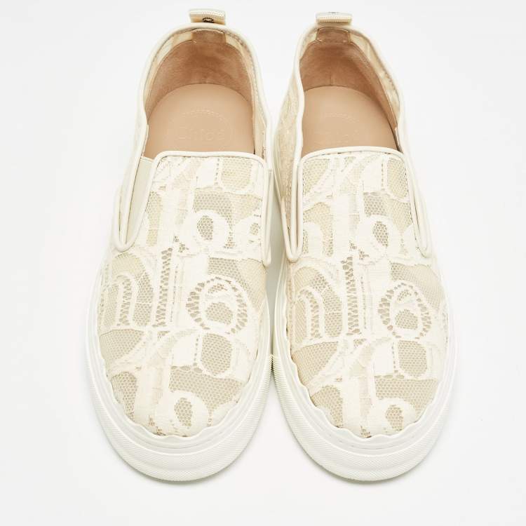 Pre Owned Chloe White Floral Lace and Mesh Scalloped Accent Slip On Sneakers Size 39