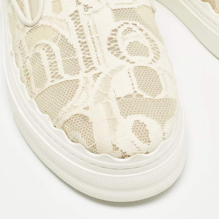 Pre Owned Chloe White Floral Lace and Mesh Scalloped Accent Slip On Sneakers Size 39