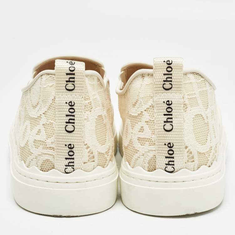 Pre Owned Chloe White Floral Lace and Mesh Scalloped Accent Slip On Sneakers Size 39