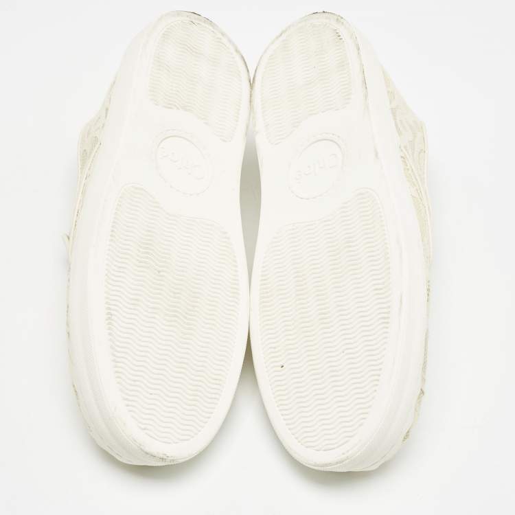 Pre Owned Chloe White Floral Lace and Mesh Scalloped Accent Slip On Sneakers Size 39