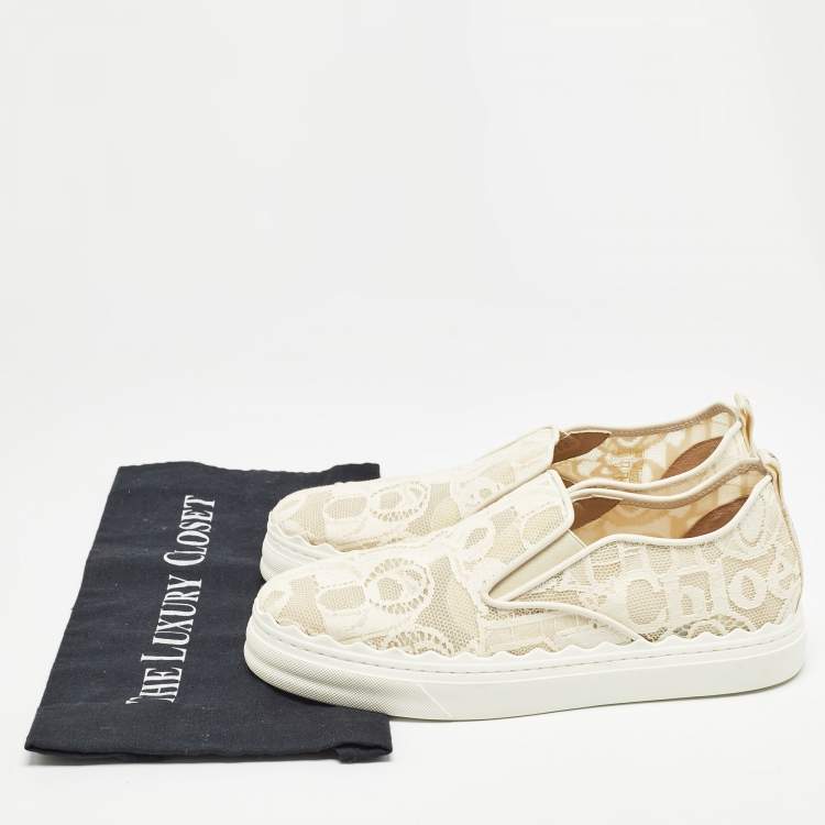 Pre Owned Chloe White Floral Lace and Mesh Scalloped Accent Slip On Sneakers Size 39