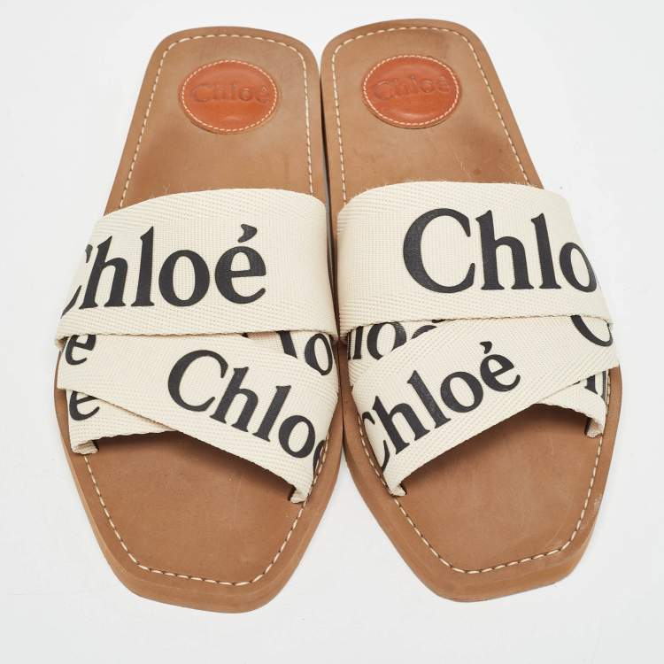 Pre Owned Chloé Off White Logo Canvas Woody Flat Slides Size 39