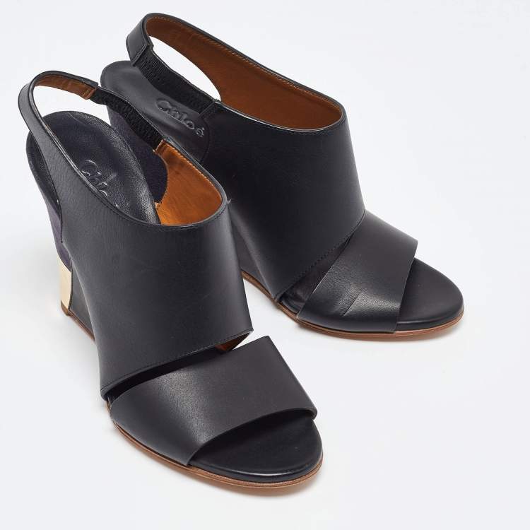 Pre Owned Chloe Black/Blue Suede and Leather Eliza Wedge Slingback Sandals Size 36